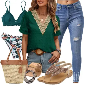 Outfit mit Grün/Dunkelgrün/Türkis Buntes Hemd/Kurzarm Hemd/Casual Hemd/Hemdbluse/Festliche Bluse/Bestickte Bluse/Einfarbige Bluse/Bluse mit Lochstickerei/Spitzenbluse/Kurzarmbluse/Bluse Oberteil/Boho-Bluse Zeagoo "Outfit für den Sommer"