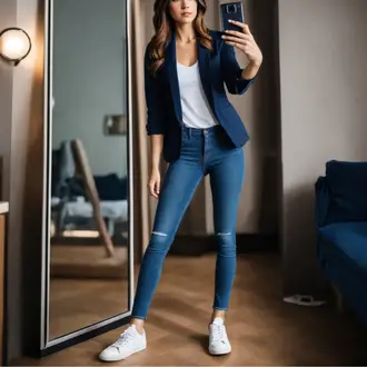 Bewerbungsoutfits Sommer mit Dunkelblau Blazerjacke/Kurzblazer/Lässiger Blazer/Blusenblazer/Lederjacke/Eleganter Blazer/Boyfriend Blazer/Longblazer Zarlena, Weiß/Creme Shirt & Top Große Größe/Bluse Große Größe/Tunika/Klassische Länge/Kurzes Oberteil/Ärmelloses Shirt/Graphics T-Shirt/Tank Top/Herrenschuhe Pieces, Weiß/Creme Schmaler Sneaker/Sneaker Low/Plateau-Sneaker/Leder Sneaker BLACKSTONE "Casual Chic Outfit"