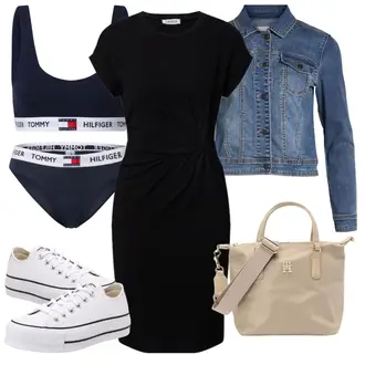 Outfit s Černá Žerzejové Šaty/Šaty S Rovným Střihem/Business Šaty/Pouzdrové Šaty/Pouzdrová Šat/Šaty po kolenu/Úzké Šaty/Občanské šaty/Tričkové šaty/Kancelářské šaty/Šaty s Páskem Edited "Vzhledy pro volný čas"