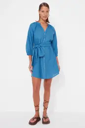 Blue Beltted Mini tkan plov aty ze 100% bavlny