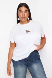 Curve White 100% Cotton Patterned Knitted T-Shirt