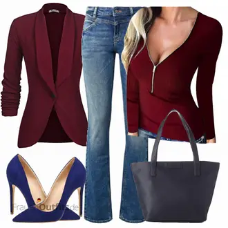 Lang Outfit mit Rot/DunkelRot/Bordeaux Strick­blazer/Lederjacke/Blazerjacke/Longblazer/Lässiger Blazer/Blusenblazer/Eleganter Blazer Unibelle "Blau Jeans"