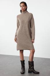 Mink Mini Knitwear Stand Collar Soft Textured Sweater Dress