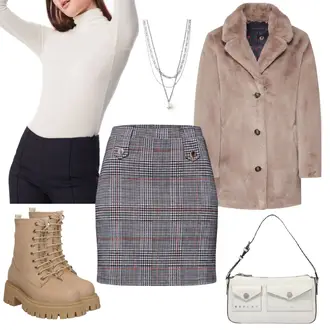 Outfit mit Grau/Dunkelgrau/Dunkelblau/Blau/Lila Short Große Größe/Strick Große/70er Minirock/Boucle Rock/Hahnentritt Rock/Minirock/Karierter Rock/Tweed Rock About You "Trendiger Winterlook"