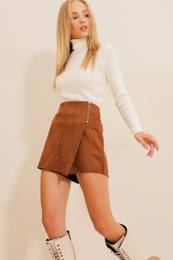 Trend Alaat Stili Women's Camel Zipper Detailed Suede Short Skirt