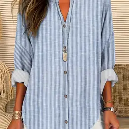 Women's Plus Size Striped Button-up Shirt - Casual V-neck, Long Sleeve, Machine Washable - Spring & Fall, Plus Size Blouses