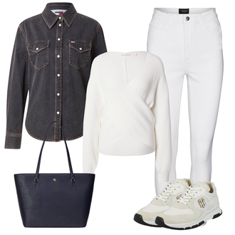Koče outfit mit Siva/Bela/Krem Termo Hlača/Jeggings/Pajkice z Visokim Pasom/Treggings/Pajkice z Razporkom/Skinny Hlače VERO MODA "Pomladna obleka"Look: Bar, Odra, Koncert, Koče, Šola, 18. rojstni dan