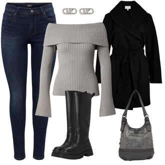 Outfit mit Grau/Hellgrau/Braun/Beige Schulterfreier Pullover/Strickjacke Tracht/Kaschmir-Strickjacke/Rundhals-Strickjacke/Kurze Strickjacke/Stehkragen-Strickjacke/Winter Strickjacke/Wolle Strickjacke/Wickelstrickjacke millane "Look mit Stil"