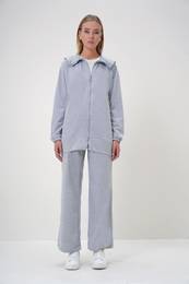 Trend Alaat Stili Women's Gray Polo Collar Zippered Jacket and Trousers Set