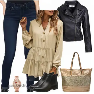 Biker Outfit mit Schwarz/DunkelBlau/Blau Motorradjacke/KunstLederjacke/Bikerjacke ZAKASA "Goldener Freizeitlook"