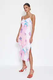 Pink Woven Straps Satin Midi Woven Dress