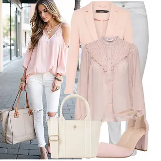 Jednobojno Outfit sa Siva/Bijela/Krem Skinny Hlače/Tajice s Prorezom/rupa hlača/Treggings/Traper Tajice/Jeggings/Hlače s Prorezom Only, Pink Udobna pumpa/Pumpa u obliku slova T/Sandalice s blok petom/Salonka & Visoki Pet/Sandala s petom/Cipela Mary Jane/Pumpica S Visokim Prednjim Dijelom About You "Cool outfit za svaki dan"