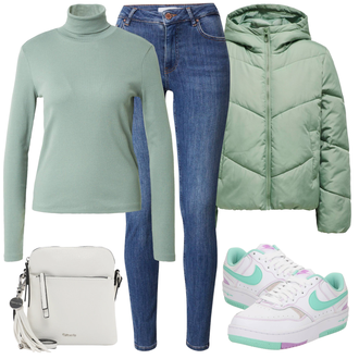 Outfit mit Blau/Dunkelblau/Hellblau Lederjacke/Damen 7/8-Länge Jeans/High Waist Jeans/Jeans mit Schlitz/Push up Jeans/Schlupfjeans/Leder Schuhe/Winterjacke Vila "Perfekt für den Winter"