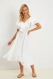 Women's White Front Back V Flounce Dress KS113