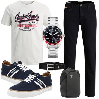 Outfit mit Schwarz/Dunkelblau Damen 7/8-Länge Jeans/Regular-Fit Jeans/Lederjacke/Slim Fit Jeans/Straight Leg Jean/Leder Schuhe/Tapered-Jeans/Thermojeans/Winterjacke Jack & Jones "Freizeit Bekleidung"