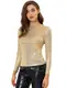 Allegra K Damen Oberteil Langarm Rundhals Metallic Glitzer Elegant Shirt Bluse Khaki M