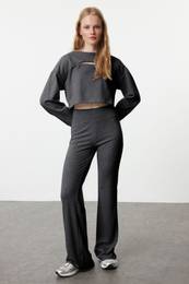 Anthracite Wide Leg/Flare High Waist Interlock Flexible Knit Trousers