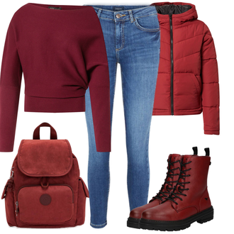 Plateau Mit Absatz Outfit mit Rot/Dunkelrot Klassischer Stiefel/Biker Boot/SpringerStiefel/SchnürStiefel Mustang "Freizeit Outfit"