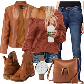 Mit Kapuze Outfit mit Braun/Orange/Beige Bikerjacke/Vintage Lederjacke/Jacke mit Seitlichem Reißverschluss/Leder Bomberjacke/KunstLederjacke "Outfit für den Herbst"