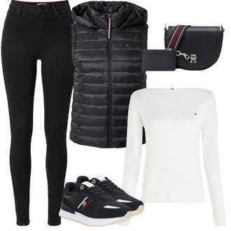 Outfit mit Schwarz Lederjacke/Biker Jeans/High Waist Jeans/Push up Jeans/Leder Schuhe/Thermojeans/Winterjacke Tommy Hilfiger "Sportliches Herbst Outfit"