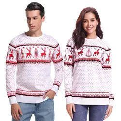 Sykooria Pullover Damen Herren Strickpulli Weihnachten Ugly Christmas Sweater Rundhals Weihnachtspullover mit Schneemann Rentiermuster, Weiß-Damen, M
