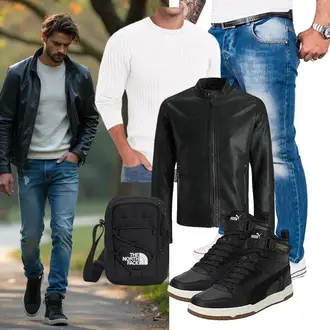 Outfit mit Schwarz Vintage Lederjacke/Leder Bomberjacke/Lederjacke/KunstLederjacke Jack & Jones "Freizeit Outfit"