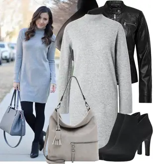 Outfit mit Hellgrau/Grau Langes Strickkleid/Langärmliges Winterkleid/Pulloverkleid/Rollkragenkleid/Winter Strickkleid/Kaschmir-Strickjacke/Morgenmantel/Lange Strickjacken/Rundhals-Strickjacke/Stehkragen-Strickjacke/Winter Strickjacke yas "Freizeit Outfit für den Frühling"