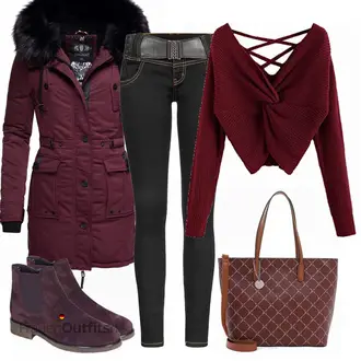 Outfit mit Bordeaux/Lila/Dunkelblau/Dunkelrot Gefütterte Stiefelette/Lederjacke/Flache Stiefelette/Chelsea Boot Gabor "Cooles Herbst Outfit"