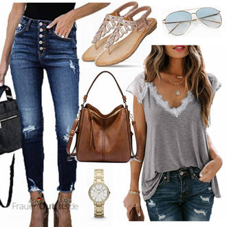 Outfit mit Grau/Hellgrau/Dunkelgrau Boho-Bluse/Offene Bluse/Schlupfbluse/Einfarbige Bluse/Kurzarmbluse/Bluse/Spitzentunika/Crash­bluse/Spitzenbluse/Bluse Oberteil Happy Sailed "Stylisher Sommerlook"