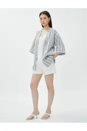 predimenzionirani laneni kimono s depovima i kratkim rukavima
