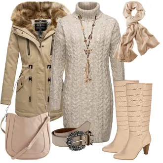 Elegant Outfit mit Beige/Weiß/Braun/Khaki Winter StrickKleid/PulloverKleid Ragwear "Modischer Look für den Herbst"Look: Moderne, Overdressed, Oversize, Kuschel, Mit Transparent, Elegant, Old Money
