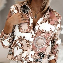 Print With , Casual Office Wear, Spring/, Polyester Fabric, Turn- Collar, Machine Washable, Autumn Blouse Women Elegant Women's Shirt