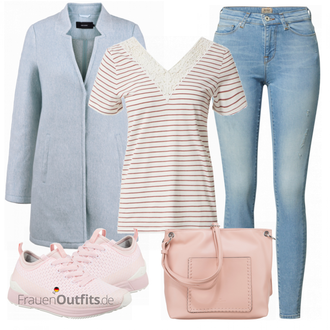 Outfit mit Blau/Hellblau/Braun Lederjacke/High Waist Jeans/Jeans mit Schlitz/Push up Jeans/Schlupfjeans/Leder Schuhe/Herren Lederjacke Only "Leichte Frühlings Outfits"