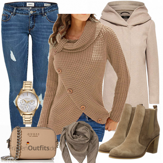 Trachten Outfit mit Beige/Braun/Khaki/Grau Kapuzenmantel/Kaschmir Mantel/Lodenmantel/Leichter Mantel/Wintermantel Wollmantel/Strickmantel/Wollfleece Mantel/Strickfleece Mantel Only "Martiount"Look: Overdressed, Smart Casual, Kuschel, Casual, Trachten, 60er, Edel, Uni, Mom, Old Money, Maritim, Moderne