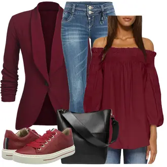 Lang Outfit mit Rot/DunkelRot/Bordeaux Strick­blazer/Lederjacke/Blazerjacke/Longblazer/Lässiger Blazer/Blusenblazer/Eleganter Blazer Unibelle "Fruhlings Outfits"