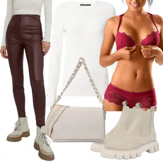 Outfit mit Rot/DunkelRot/Bordeaux/Braun Hose Große Größe/Lederimitathose/Lederlegging/Leggings Lederoptik/Lederhose/Leggings Große Größe Edited "Street Style Outfit"