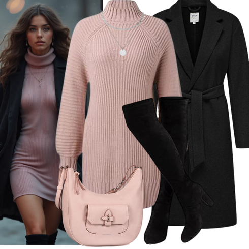 Schwarz High Heels Stiefel/Langer Stiefel/Overknee Stiefel/Kniehoher Stiefel/Socke Schuh Hitmars kombinieren mit Rosa Langärmliges Winterkleid/Langes Strickkleid/Cord Kleid/Pulloverkleid/Winter Strickkleid Youning