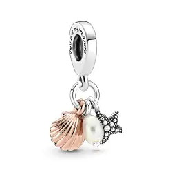 Pandora Moments Süßwasserzuchtperle, Seestern & Muschel Dreifacher Charm-Anhänger aus Sterling-Silber und 14 Karat rosévergoldeter Metalllegierung, 781690C01