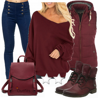 Outfit mit Dunkelrot/Lila/Rot/Bordeaux Klassischer Stiefel/Winter Stiefelette/Leder Stiefelette/Flache Stiefelette/Gefütterte Stiefelette/SchnürStiefelette Rieker "Outfits für jeden Tag"