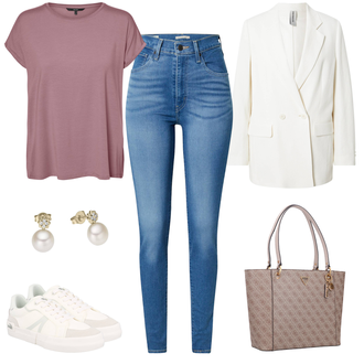 Outfit mit Weiß/Creme Oversize Blazer/Boyfriend Blazer/Lederjacke/Longblazer/Lederjacke für Männer/Zweireiher Blazer Drykorn "Legerer Freizeitlook"