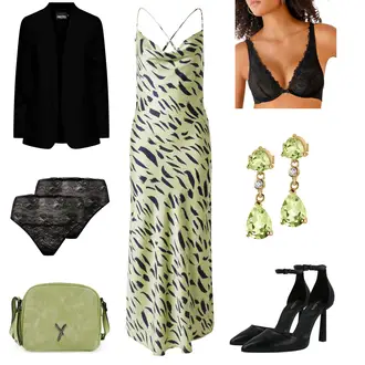 Satin Outfit mit Grün StrickKleid Object "Lime Abendlook"