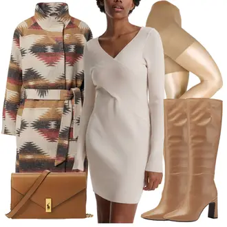 Hochzeits Outfits Winter Hochzeitsgast mit Beige/Weiß/Braun/Khaki Langes Strickkleid/Wickelstrickjacke/V-Strickjacke/Strickjacke Tracht/Winter Strickkleid/Langärmliges Kleid/Langärmliges Winterkleid Edited "Hochzeitgast Outfit für den Winter"