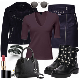 spitze Outfit mit Schwarz/Lila/Rosa Stiefel Biker Boot/MotorradStiefel/SpringerStiefel Bullboxer "LAURA SCOTT Henkeltasche"