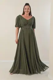 By Sayg Plus Size dolga obleka Chiffon z V-vratom sprednji obleeni pas in podloen spredaj zadaj