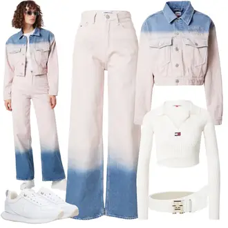 70er Outfit mit Weiß/Hellblau Schlaghose/Latzhose/Ausgestellte Hose/High Waist Hose/Hose mit Schlitz/Weite Hose Tommy Jeans "Trendiges Herbst Outfit"Look: 90er, Bad Taste, Coole, Schön, Uni, 70er