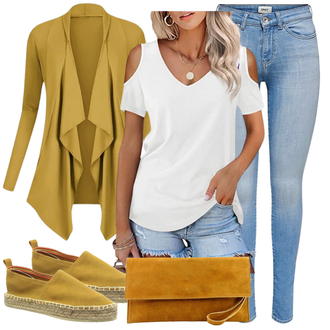 Off Shoulder Outfit mit Weiß Offene Bluse/KurzarmBluse/Bluse Oberteil/Bluse/SchlupfBluse/Einfarbige Bluse Beluring "Toller Look Für Den Frühling"