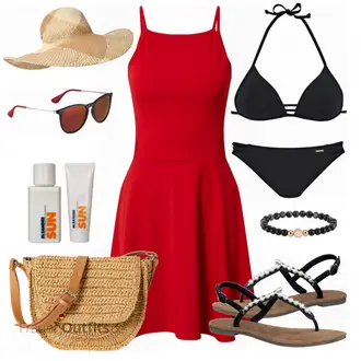 Outfit mit Rot/Dunkelrot/Rosa Kleid Große Größe/Tunika/Tenniskleid/SkaterKleid/Jerseykleid/Fit & Flare Kleid/Ärmelloses Kleid/A-Linien Kleid Only "Strand Outfit"