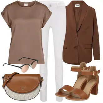 Outfit mit Braun/Lila/Beige/Gold/Rosa Bluse Große Größe/Tunika/Shirt & Top Große Größe/Kurzarmbluse/Seidenbluse/Kurzarm-Tunika/Klassische Tunika/Tuniken-Shirt/Satinbluse/Bluse Oberteil Vila "Fruhlings Outfit"