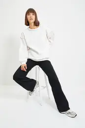 Regular/Normal fit in Ecru. Stitching on the Bedspread With Fleece Inside Knitted Sweatshirt