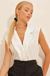 Trend Alaat Stili Women's White Shirt Collar Fillet Striped Blouse